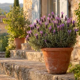 Lavande papillon (Lavandula) — massif de fleurs violettes en pot terre cuite · Photo d'illustration