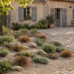 Laîche à flagelles 'Bronzita' (Carex flagellifera) — massif de graminées ornementales devant maison en pierre · Photo d'illustration