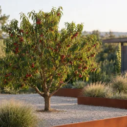 Pêcher 'Vineuse' (Prunus persica) — arbre fruitier chargé de nombreux fruits rouges · Photo d'illustration