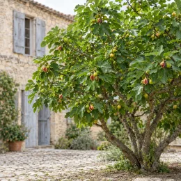 Figuier 'Jannot' (Ficus carica) — arbre fruitier chargé de figues devant maison