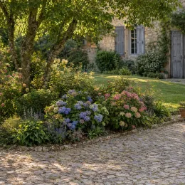 Hortensia 'Bailmer' (Hydrangea macrophylla) — massif fleuri sous arbre devant maison en pierre · Photo d'illustration