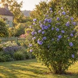 Althéa 'Super blue' (Hibiscus syriacus) — arbuste fleuri isolé dans un jardin ensoleillé · Photo d'illustration