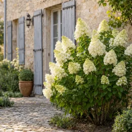 Hortensia paniculé 'Selection' (Hydrangea paniculata) — arbuste fleuri à panicules blanches devant maison en pierre · Photo d'illustration