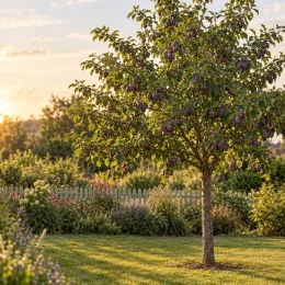 Prunier 'Belle de louvain' (Prunus domestica) — arbre fruitier chargé de prunes dans un jardin · Photo d'illustration
