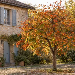 Plaqueminier 'Pomme' (Diospyros kaki) — arbre fruitier aux feuilles orangées devant maison