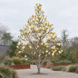 Magnolia 'Yellow' (Magnolia denudata) — arbre fleuri isolé dans un jardin minéral