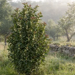 Osmanthe armée 'Selection' (Osmanthus armatus) — arbuste isolé au feuillage dense dans un pré · Photo d'illustration