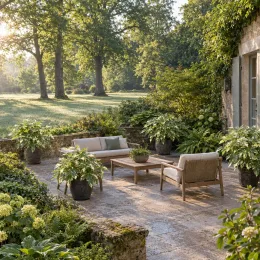 Fatsia 'Variegata' (Fatsia japonica) — terrasse aménagée avec arbustes en pot et mobilier · Photo d'illustration