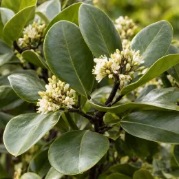 Pittospore 'Macrophyllum' (Pittosporum tenuifolium) — feuillage brillant avec petites fleurs crème regroupées · Photo d'illustration