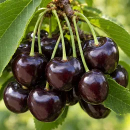 Cerisier 'Noire de meched' (Prunus avium) — gros plan de fruits noirs brillants