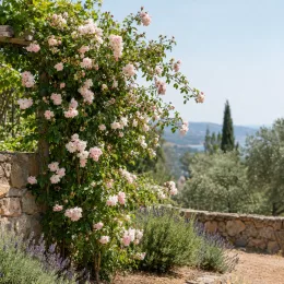 Rosier 'New dawn' (Rosa hybrida) — rosier grimpant couvert de fleurs pâles · Photo d'illustration