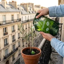 AlgaSlime – Gel rétenteur d'eau naturel aux microalgues — arrosage d'un jeune plant sur balcon urbain