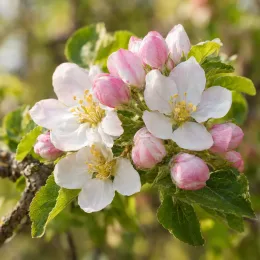Pommier 'Stayman' (Malus domestica) — grappe de fleurs blanches et boutons rosés