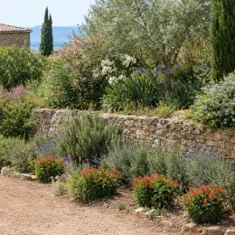 Alstrœmères (Alstroemeria) — massifs fleuris au pied d’un muret en pierre · Photo d'illustration