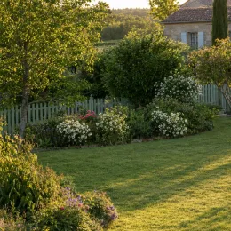 Seringat 'Manteau d'hermine' (Philadelphus) — massif arbustif fleuri le long d'une pelouse