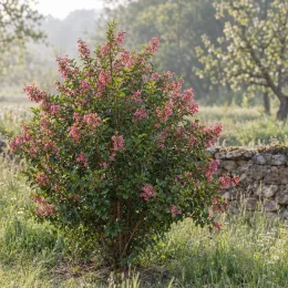 Escallonia à fleur rose (Escallonia organiensis) — arbuste buissonnant couvert de nombreuses petites fleurs roses · Photo d'illustration