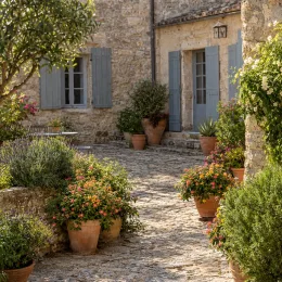 Lantanier (Lantana) — massif de fleurs colorées en pot, cour intérieure · Photo d'illustration