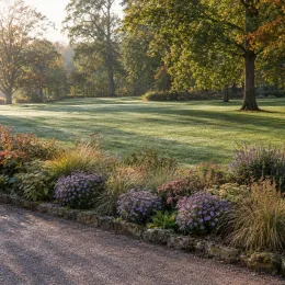 Aster nain 'Augenweide' (Aster dumosus) — massif de vivaces fleuries en bordure de pelouse