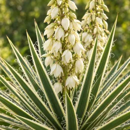 Yucca 'Ivory towers' (Yucca flaccida) — fleurs en clochettes blanches au-dessus de feuilles rubanées · Photo d'illustration