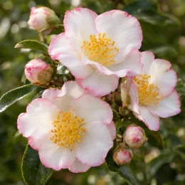 Camelia 'Yoimachi' (Camelia sasanqua) — fleurs simples blanches bordées de rose en bouton · Photo d'illustration