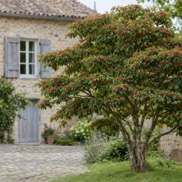 Cornouiller du japon 'Milky way' (Cornus kousa) — arbuste couvert de petits fruits rouges près maison · Photo d'illustration