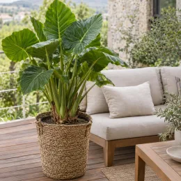 Oreille d’éléphant (Alocasia odora) — grand feuillage luxuriant dans un panier sur terrasse · Photo d'illustration