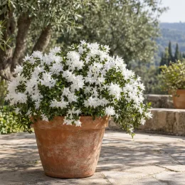 Azalée japonaise 'Steren whitekowhite' (Azalea japonica) — arbuste fleuri blanc en pot en terre cuite · Photo d'illustration