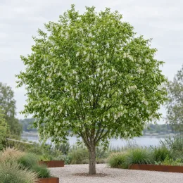 Cerisier à grappes (Prunus padus) — grand arbre fleuri isolé dans un jardin · Photo d'illustration