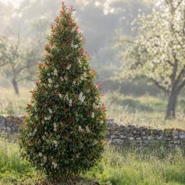 Laurier du portugal 'Myrtifolia' (Prunus lusitanica) — grand arbuste conique fleuri dans un jardin · Photo d'illustration
