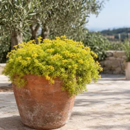 Sedum 'Ball' (Sedum lemon) — couvre-sol jaune en pot sur terrasse ensoleillée · Photo d'illustration