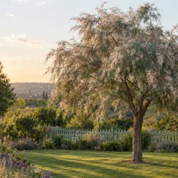 Tamaris d'été (Tamarix aphylla) — arbre élégant en fleurs dans jardin paysager · Photo d'illustration