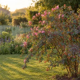 Rosier (Rosa glauca) — arbuste fleuri au bord d’une pelouse ensoleillée · Photo d'illustration