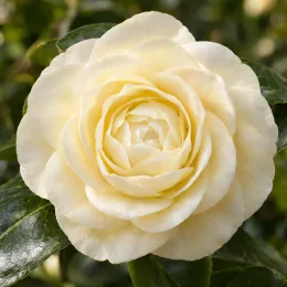 Camélia du japon 'Dahlenoga creme' (Camellia japonica) — grande fleur crème aux pétales superposés · Photo d'illustration