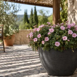 Géranium sanguin 'Pink pouffe' (Geranium sanguineum) — massif de fleurs roses en pot sur terrasse
