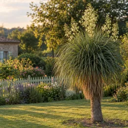Noisetier 'La siberica' (Nolina hibernica) — plante graphique dressée au milieu d'un jardin