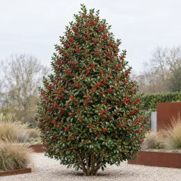 Houx commun 'Nellie ® stevens' (Ilex aquifolium) — arbuste persistant couvert de nombreux fruits rouges · Photo d'illustration