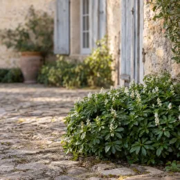 Pachysandre du japon (Pachysandra terminalis) — massif couvre-sol fleuri devant maison en pierre · Photo d'illustration