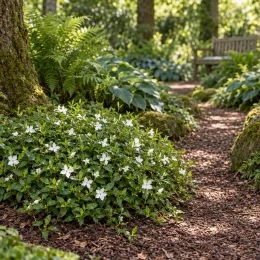 Petite pervenche 'Alba' (Vinca minor) — massif de petites fleurs blanches en sous-bois · Photo d'illustration