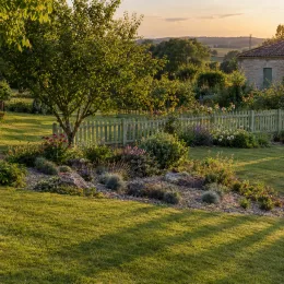Fétuque bleu 'Festina blue' (Festuca glauca) — massif de vivaces fleuries dans grand jardin rural · Photo d'illustration