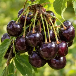 Cerisier 'Beltxa' (Prunus avium) — grappe de gros fruits noirs brillants · Photo d'illustration