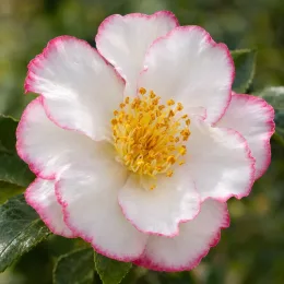 Camélia d'automne 'Narumi gata blanc' (Camellia sasanqua) — fleur blanche bordée de rose en gros plan · Photo d'illustration