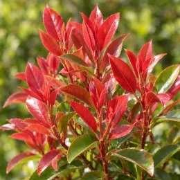Photinia 'Louise mclarlou' (Photinia fraseri) — jeunes pousses rouges contrastant avec feuillage vert · Photo d'illustration