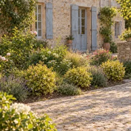 Abélia 'Sunshine daydream' (Abelia grandiflora) — massif arbustif coloré le long d'une allée pavée · Photo d'illustration