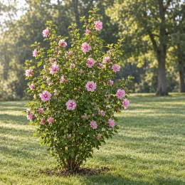 Althéa 'Pink chiffon' (Hibiscus syriacus) — arbuste buissonnant aux grandes fleurs roses · Photo d'illustration