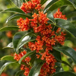 Osmanthe à feuilles variables 'Rubra' (Osmanthus fragrans) — grappes de petites fleurs orange entre feuilles luisantes