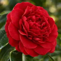 Camélia du japon 'Tom knudsen rouge vif' (Camellia japonica) — gros plan de fleur rouge épanouie · Photo d'illustration