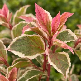 Cornouiller blanc 'Miracle' (Cornus alba) — feuillage panaché vert, crème et rose, gros plan · Photo d'illustration
