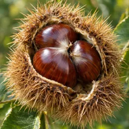 Châtaigner 'Belle epine' (Castanea sativa) — gros plan de bogue ouverte avec fruits bruns · Photo d'illustration