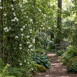 Rosier toujours vert (Rosa sempervirens) — liane fleurie palissée sur tronc, bord d’allée · Photo d'illustration