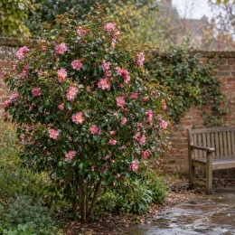 Camelia 'Cleopatra new dawn' (Camelia sasanqua) — arbuste fleuri près d'un banc dans un jardin · Photo d'illustration